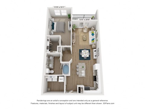 Floor plan for 1 bed, 1 bath, 853 sqft